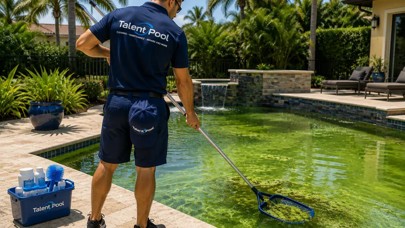 Um técnico da Talent Pool Cleaning realizando limpeza de piscina verde no sul da Flórida