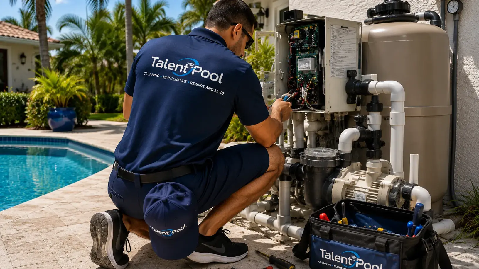 Un técnico de Talent Pool Cleaning realizando reparación de equipos de piscina en el sur de Florida