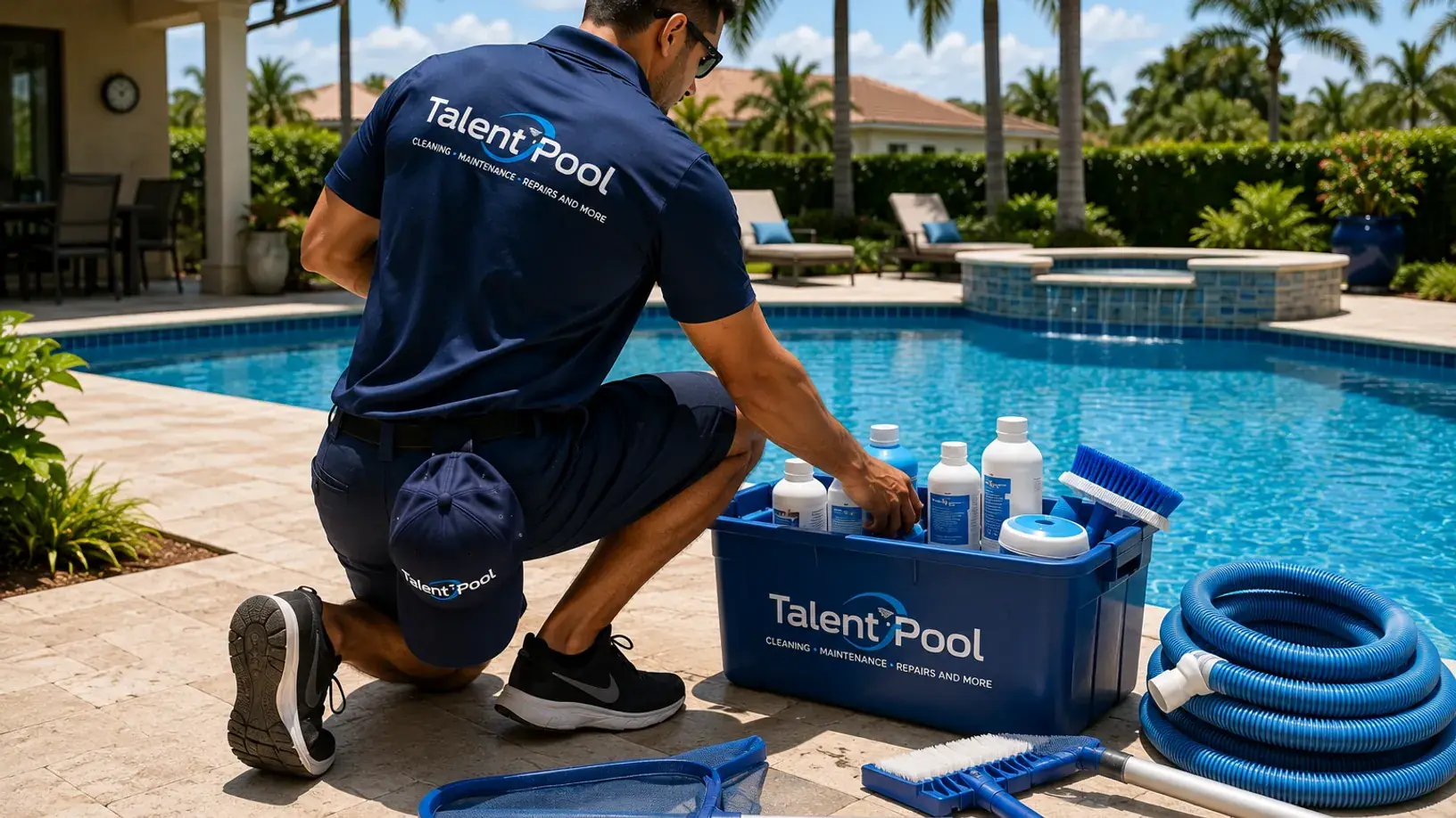 Un técnico de Talent Pool Cleaning realizando arranque de piscina en el sur de Florida