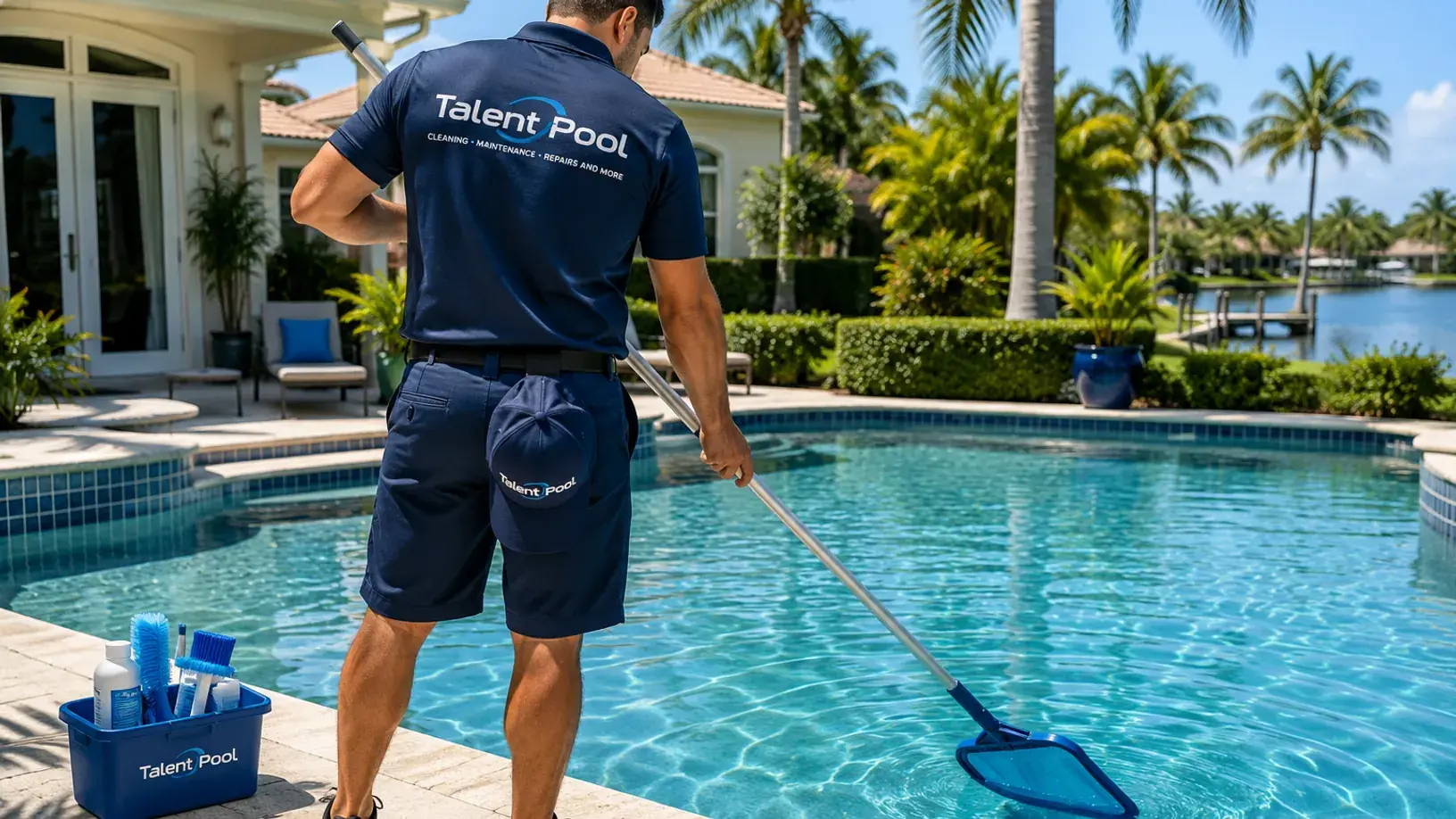 Un técnico de Talent Pool Cleaning realizando limpieza semanal de piscina en el sur de Florida